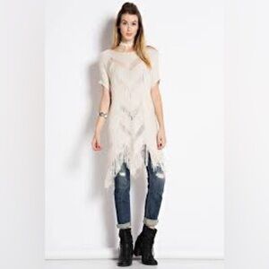 Easel Fringe Knit Top Tunic Ivory Cream Beige Chevron-Pattern Poncho Cover-up M